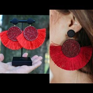 New Red Fringe Sparkle Statement Dangle Earrings